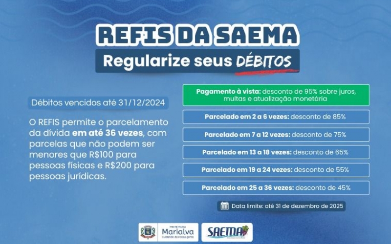 REFIS da SAEMA oferece descontos de até 95% para quem tem débitos com água e esgoto em Marialva